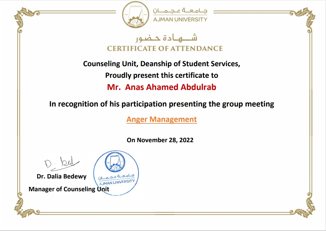 Certificate: Anger Management group meeting