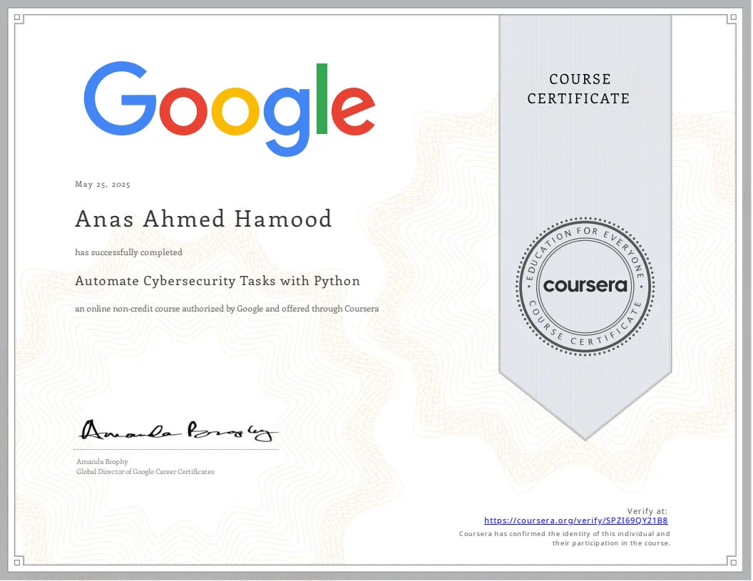 Certificate: Automate Cybersecurity Tasks with Python