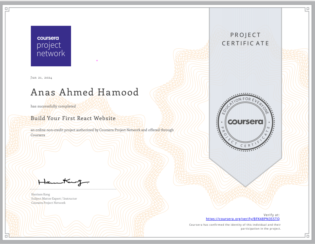 Certificate: Build Your First React Website