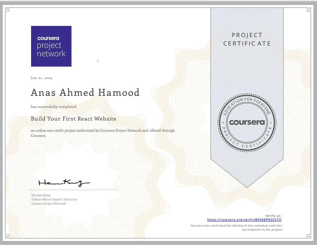 Certificate: Build Your First React Website