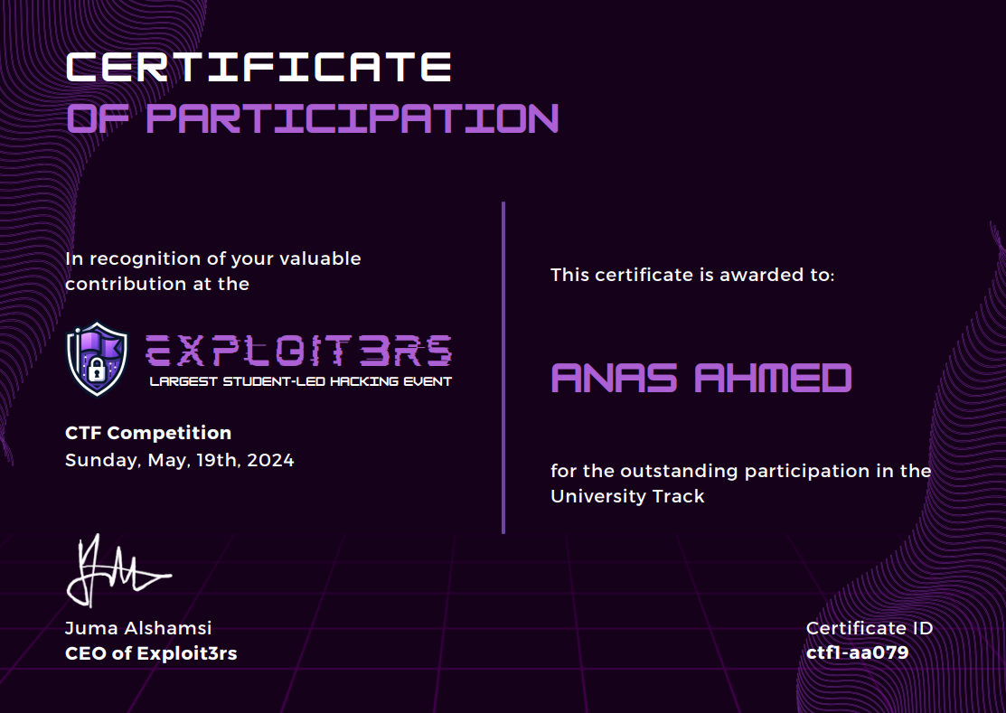Certificate: Exploit3rs CTF Competition