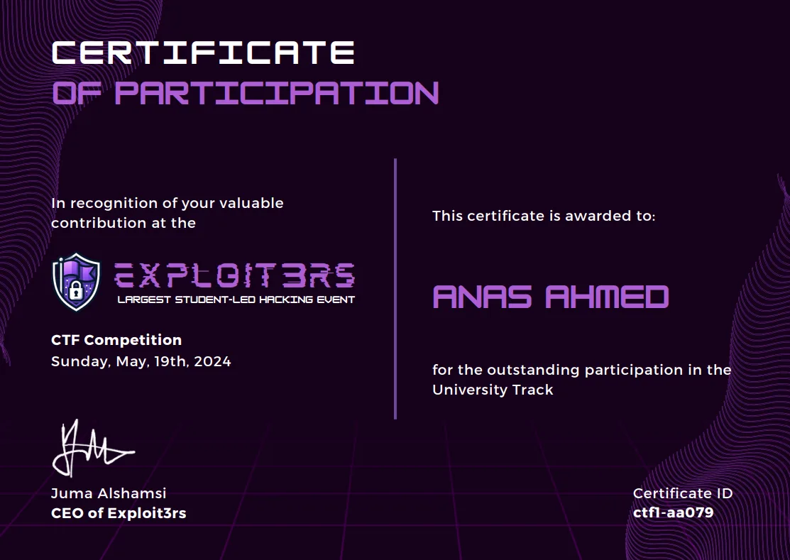 Certificate: Exploit3rs CTF Competition