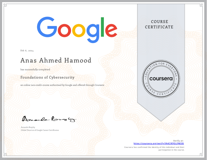 Certificate: Foundations of Cybersecurity