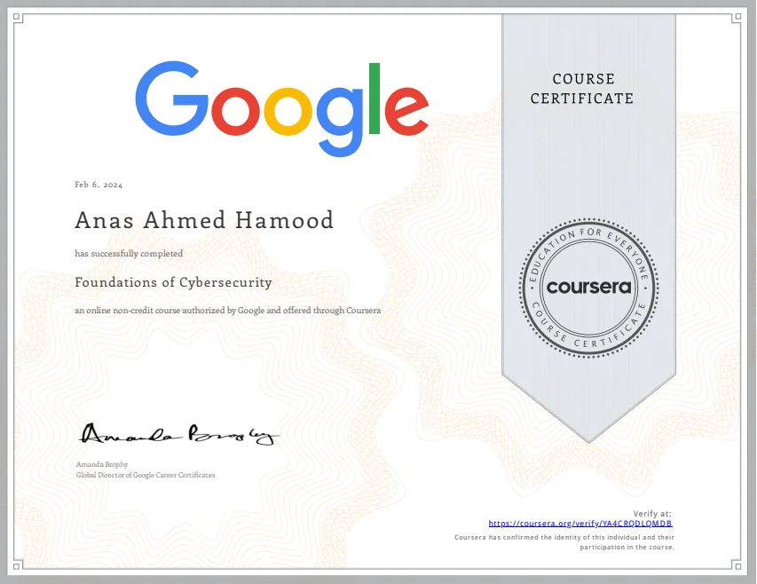 Certificate: Foundations of Cybersecurity