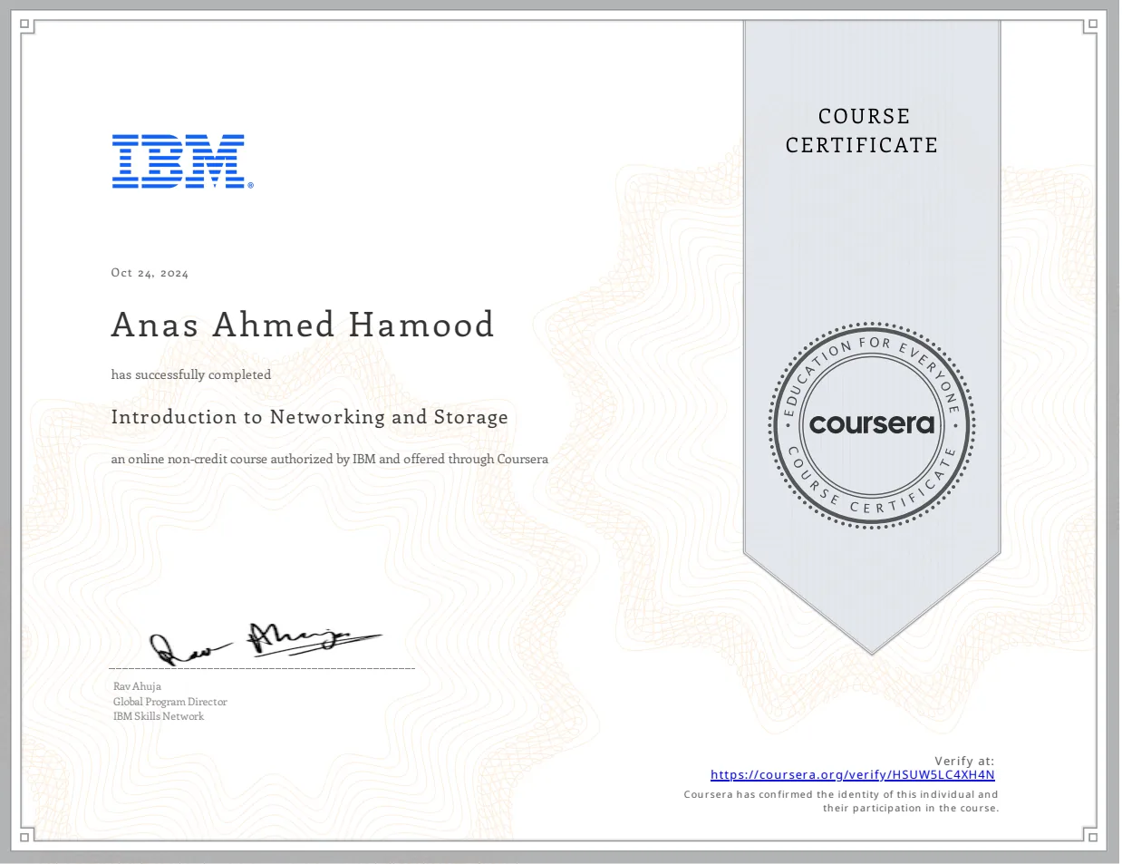 Certificate: Introduction to Networking and Storage