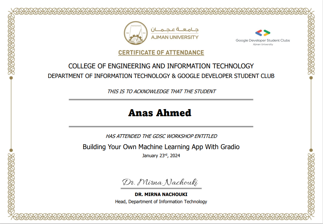 Certificate: Building a machine learning app with Gradio