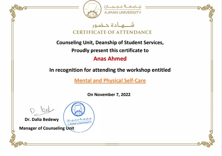 Certificate: Mental and Physical Self-Care workshop