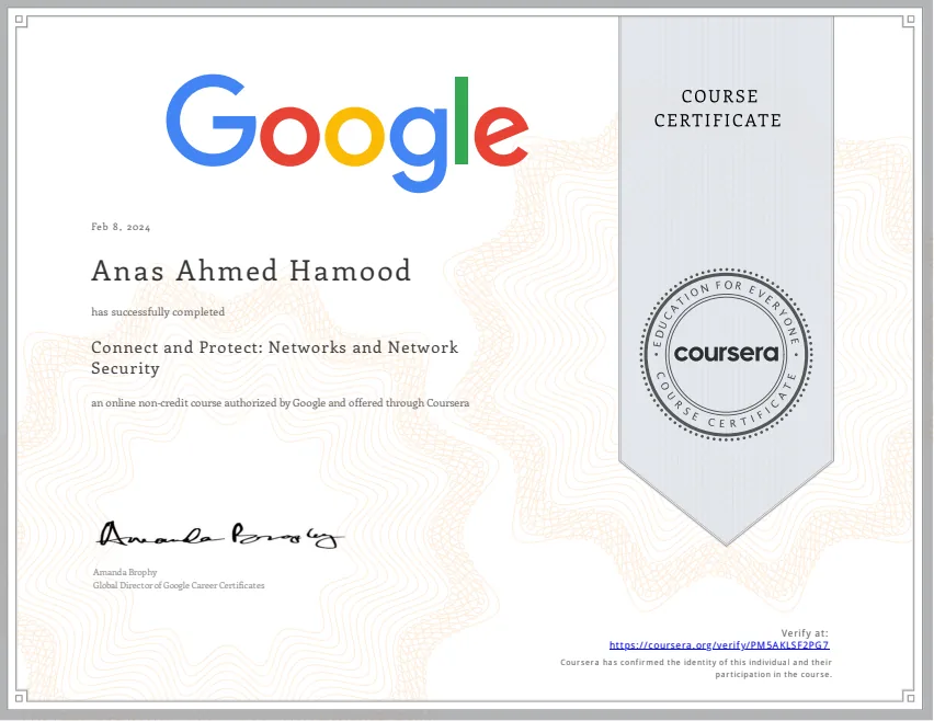 Certificate: Networks and Network Security