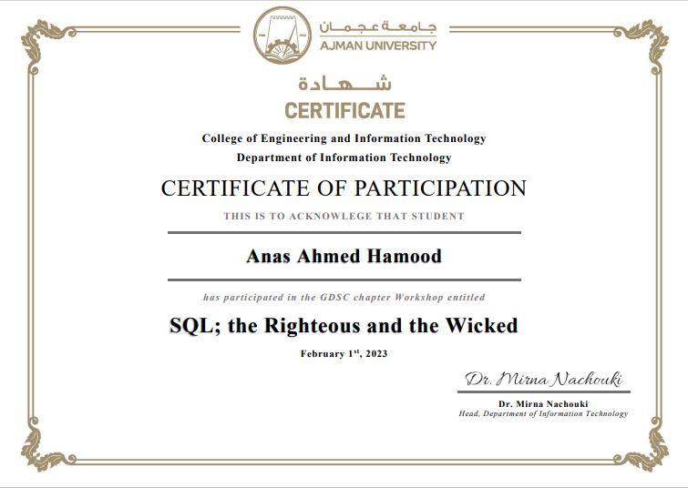 Certificate: SQL the Righteous and the Wicked workshop