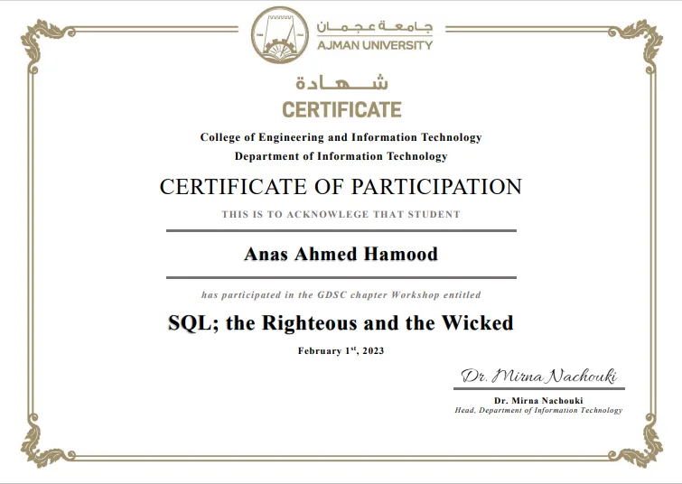 Certificate: SQL the Righteous and the Wicked workshop