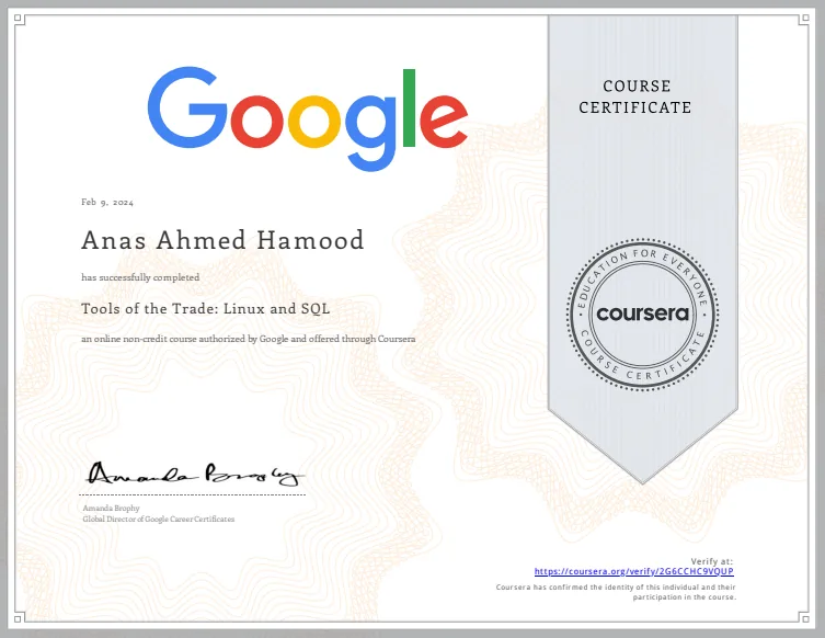 Certificate: Tools of the Trade Linux and SQL