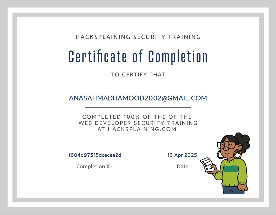 Certificate: Web Developer Security Training